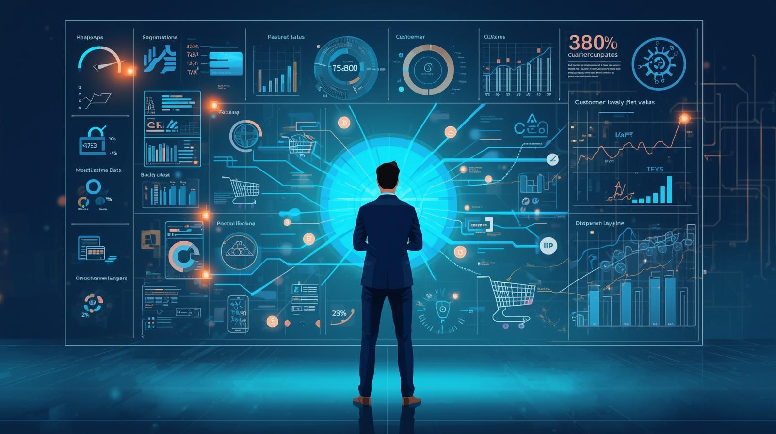 Man in suit facing a futuristic dashboard of data and charts.